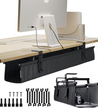 CableCare No Drill Under Desk Cable Management Tray 40.6" -for Desk Wire Management - Premium Black Fabric to Hide Cords - Clamp/Screw Mount - Supports Upto 66lbs - Cable Management Under Desk