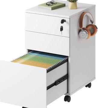 DEVAISE 3 Drawer Rolling File Cabinet with Lock, Wood Under Desk Filing Cabinet fits Letter/Legal/A4 Size for Home Office, White