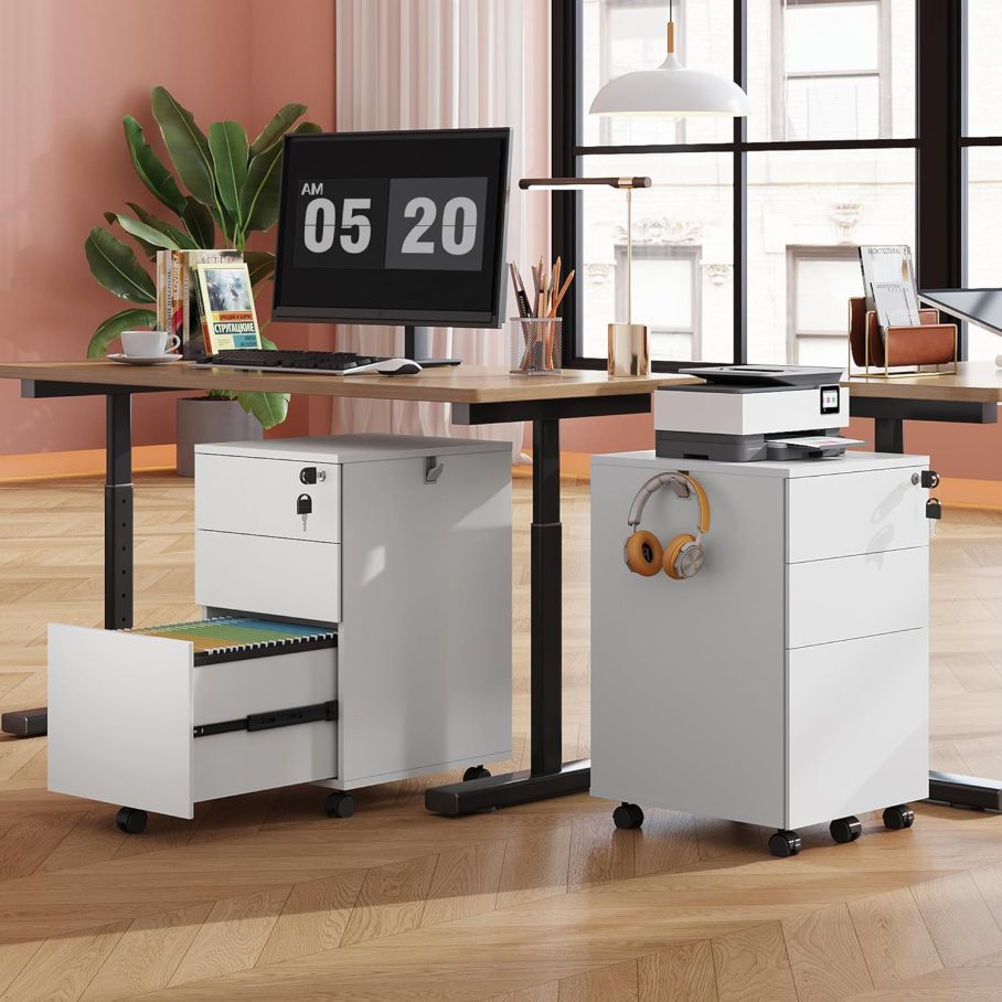 DEVAISE 3 Drawer Rolling File Cabinet with Lock, Wood Under Desk Filing Cabinet fits Letter/Legal/A4 Size for Home Office, White - Image 2