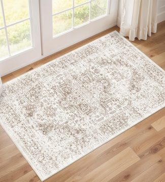 Washable 2x3 Entryway mat - Small Indoor Area Rug for Entrance with Vintage Non-Slip Low-Pile Traditional Medallion Indoor Rug with Stain Resistant Accent Distressed Carpet Thin Rug (Bridge)